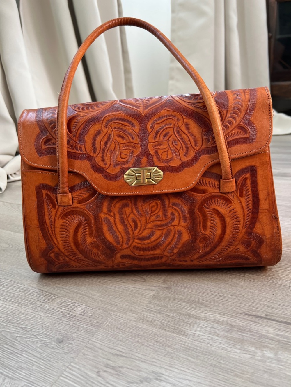 Vintage Hand-Tooled Leather Rose Western/Mexican Style Hand Bag